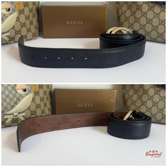 Auth Gucci Black Guccissima Leather Silver Interlocking G Buckle Belt 85/34 - Picture 7 of 13